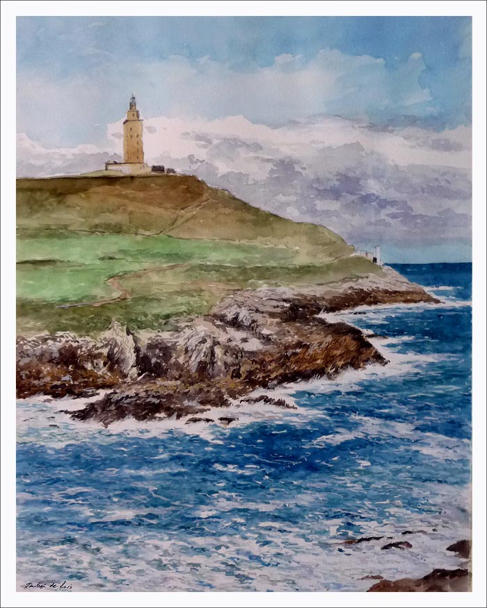 Acuarela de un paisaje de la Torre de Hércules en A Coruña del pintor Rubén de Luis