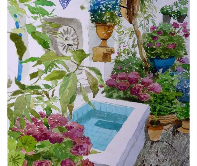 Acuarela de un patio cordobés del pintor Rubén de Luis