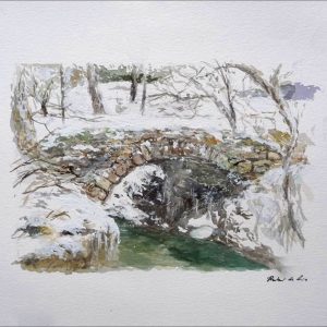 Acuarela del puente de la Angostura en Rascafría pintado por el artista Rubén de Luis