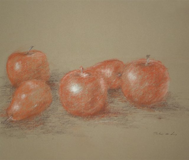 Bodegón de unas manzanas y unas peras dibujado a sanguina por Rubén de Luis