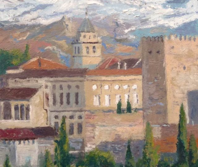 Cuadro al oleo de la Alhambra de Granada desde el Mirador de San Nicolás en Granada pintado por Rubén de Luis
