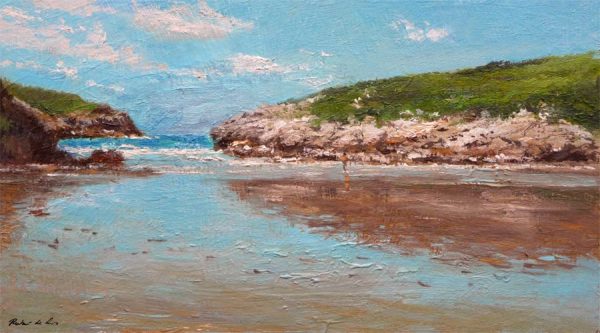 Un cuadro al oleo de la playa de Poo en Llanes, Asturias, pintado por Rubén de Luis