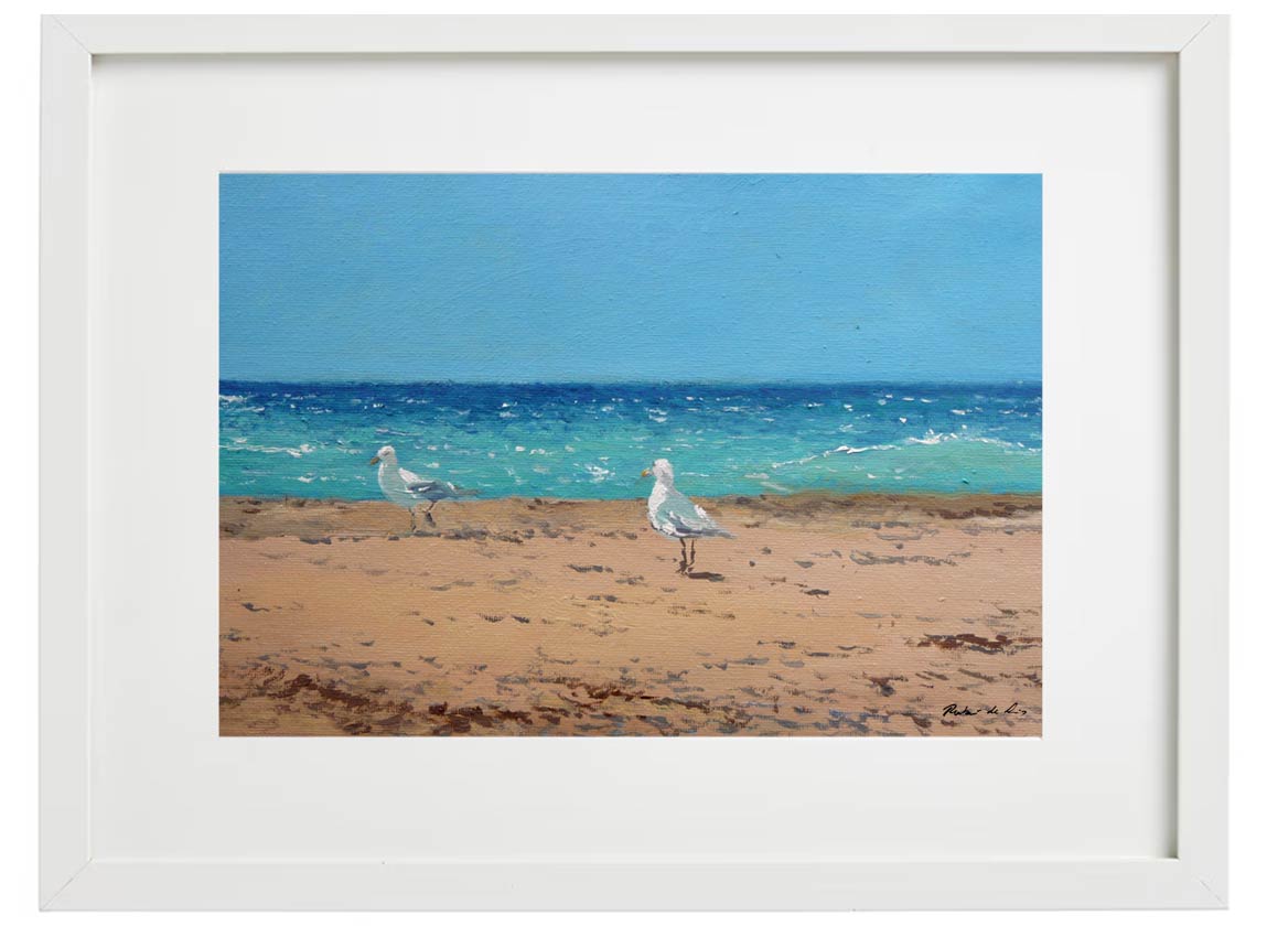 Cuadro de unas gaviotas en una playa del pintor Rubén de Luis