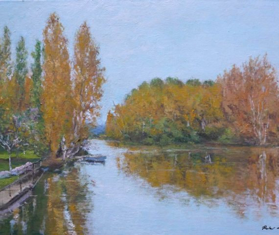 Un cuadro al oleo del Canal de Castilla realizado por Rubén de Luis