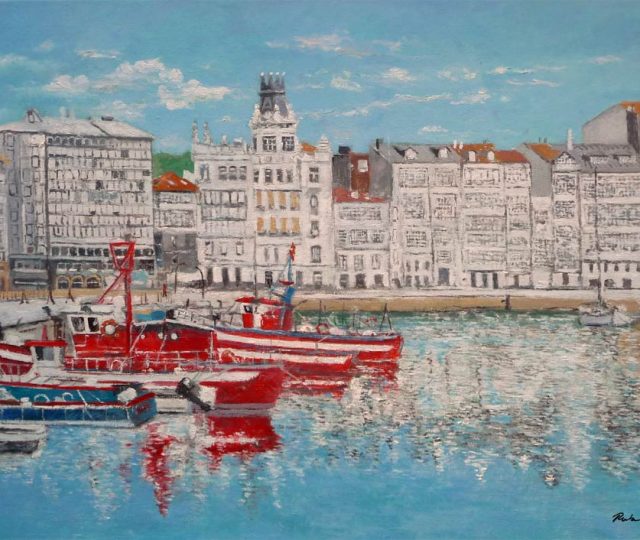 Cuadro al oleo del paseo de la Dársena en A Coruña