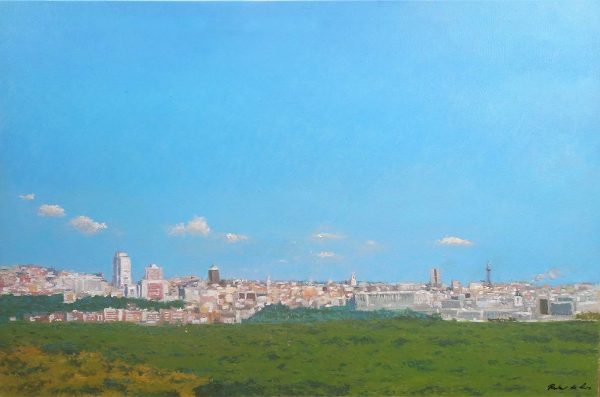 Cuadro al oleo de un paisaje de Madrid desde la Casa de Campo realizado por el pintor Rubén de Luis