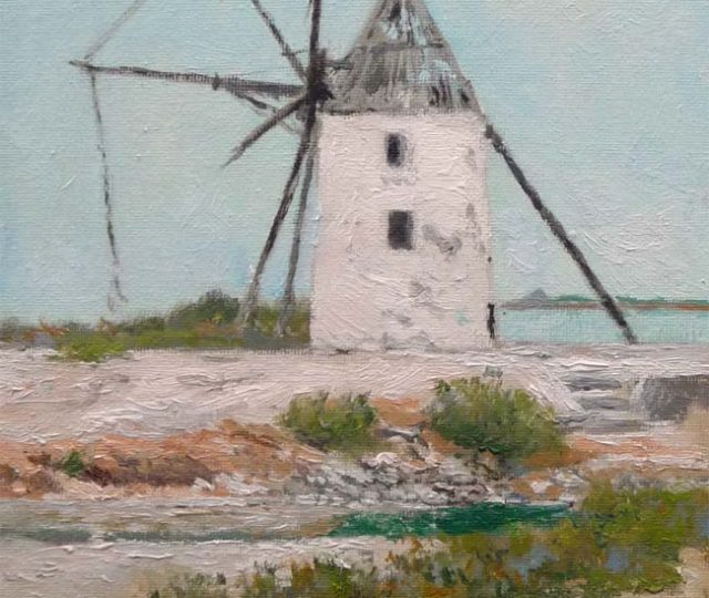 Cuadro al oleo del molino de Quintín en San Pedro del Pinatar, Murcia