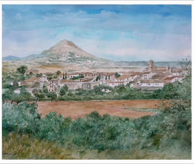 Acuarela de un paisaje de Cañizar en Guadalajara