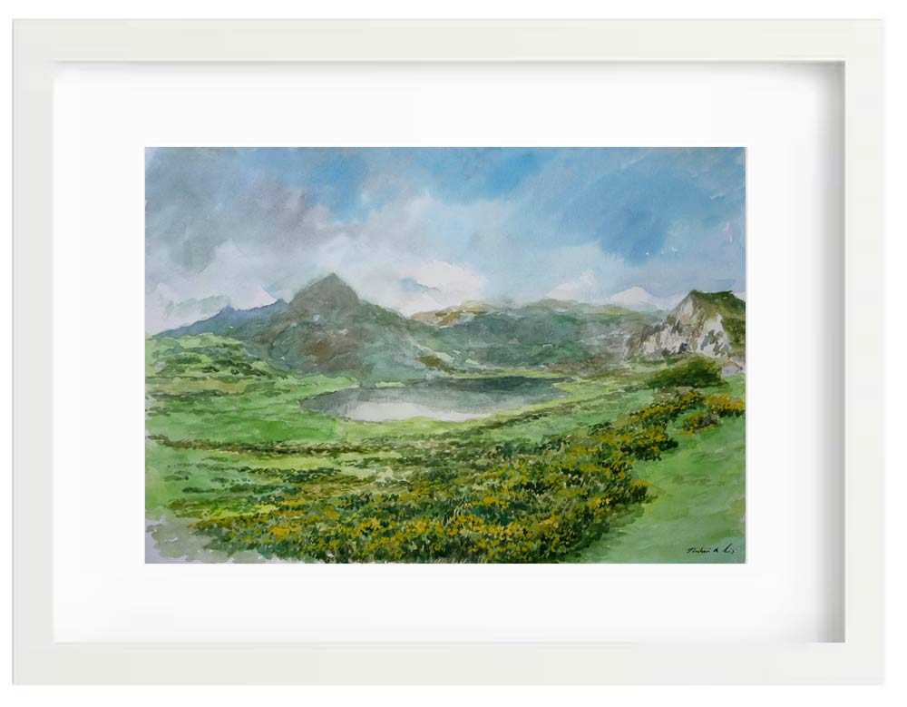 Cuadro en acuarela del lago Enol en Asturias.