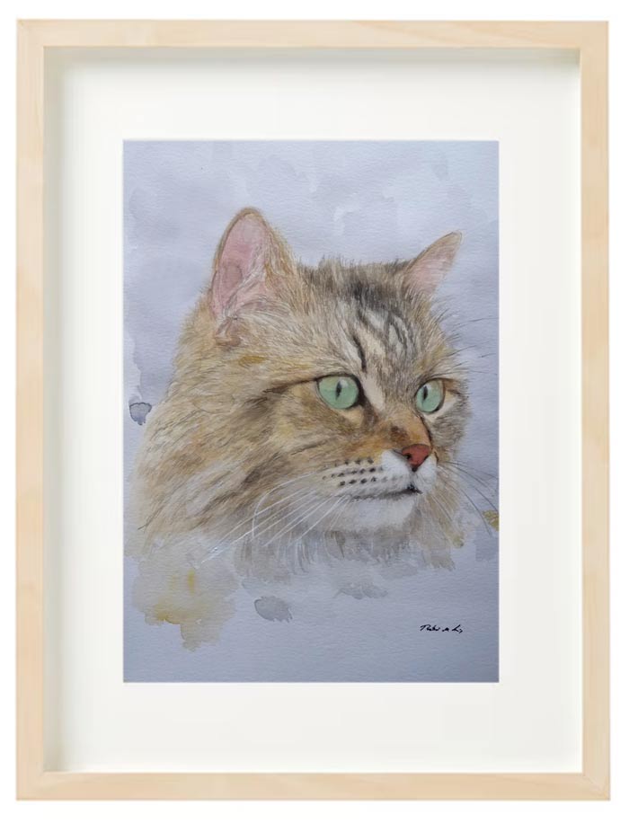 Cuadro de un retrato en acuarela de un gato