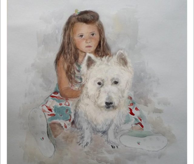 Acuarela de un retrato de una niña con su perro