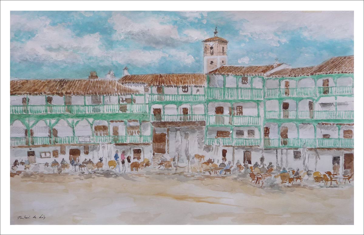 Acuarela de Chinchón, Madrid Acuarela de la plaza Mayor de Chinchón en Madrid pintada por Rubén de Luis para la serie de acuarelas de Madrid realizadas por el artista.