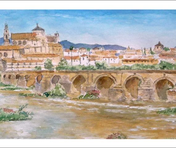 Acuarela de un paisaje de Córdoba y el puente romano realizada por Rubén de Luis para la serie de acuarelas de Andalucía.