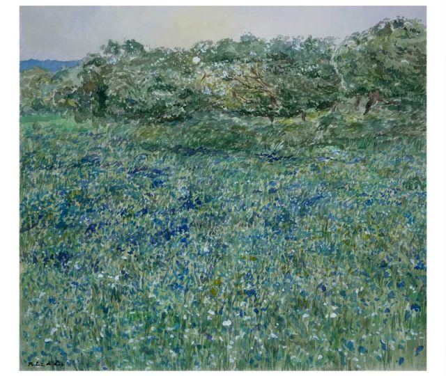 Paisaje con flores violetas en una dehesa de encinas