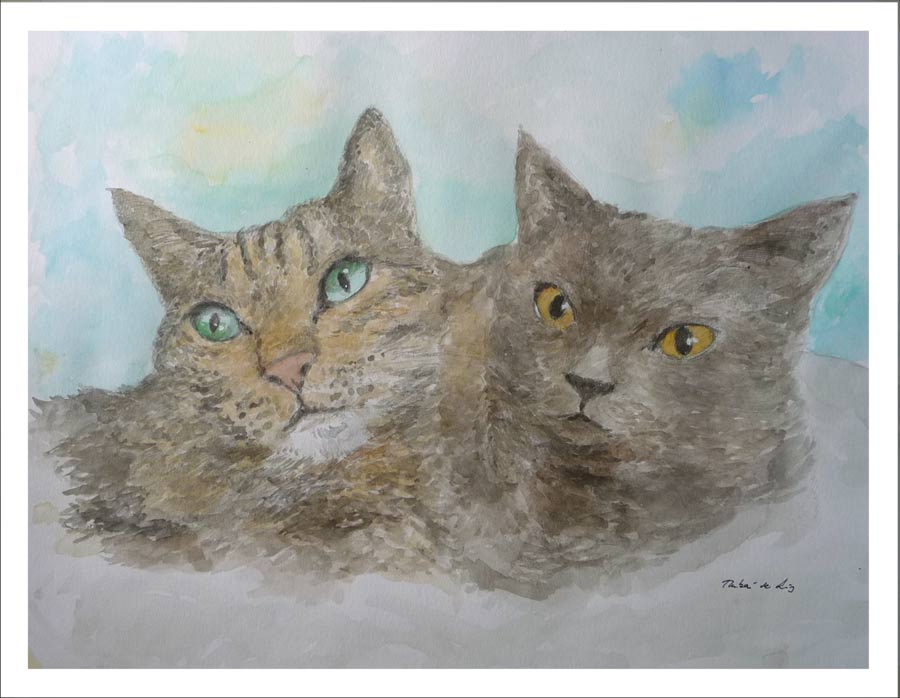 Retrato en acuarela de una pareja de gatos pintados por Rubén de Luis