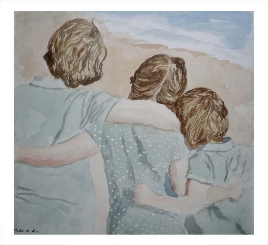 Retrato en acuarela de tres niños pintado por encargo