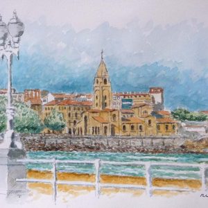 Acuarela de la playa de San Lorenzo, Gijón