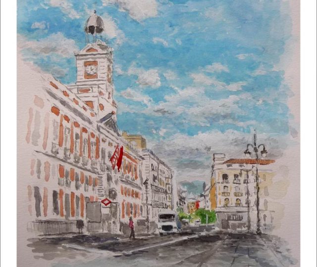 Acuarela de la Real Casa de Correos en la Puerta del Sol
