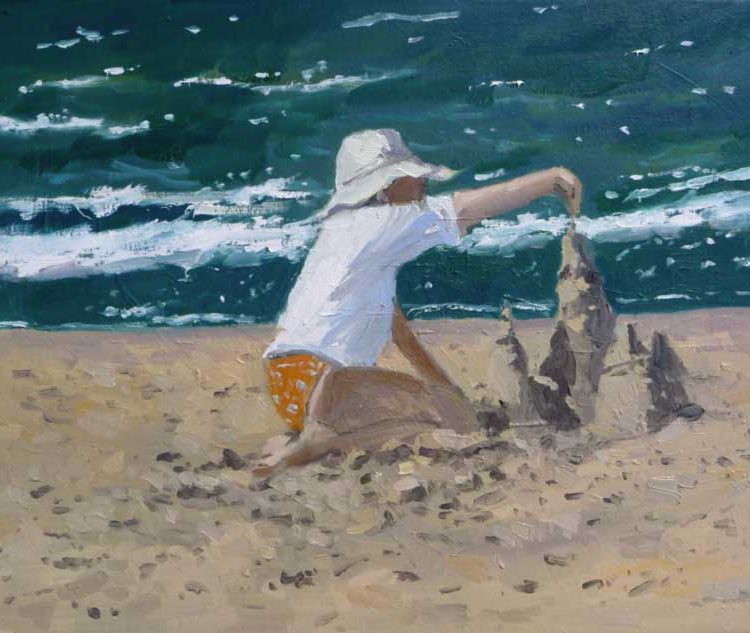 Cuadro al óleo de una niña jugando en la playa