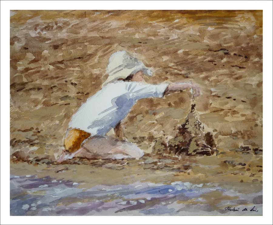 Cuadro en acuarela de una niña jugando en la orilla del mar