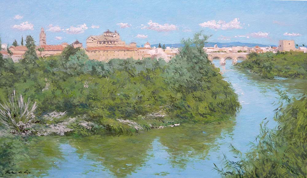 Cuadro al oleo de un paisaje de Córdoba pintado para la serie de cuadros de Andalucía. Es una vista desde el río Guadalquivir desde donde se ve el puente romano.