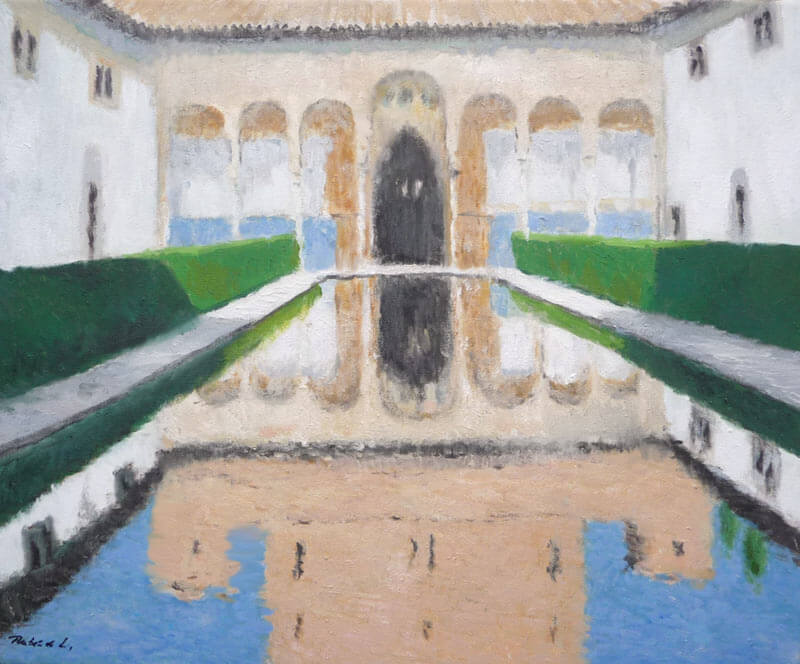 El Patio de los Arrayanes, la Alhambra de Granada, cuadro al oleo.