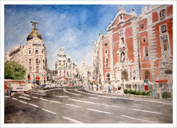 Cuadro en acuarela del edificio Metrópolis en la Gran Vía de Madrid.