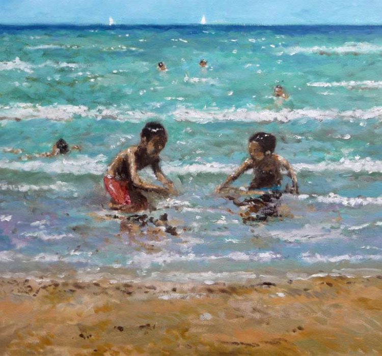 Cuadro al oleo de unos niños jugando en la orilla del mar.