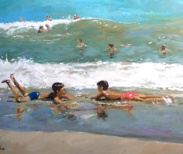 Niños en la orilla del mar, oleo sobre lienzo.