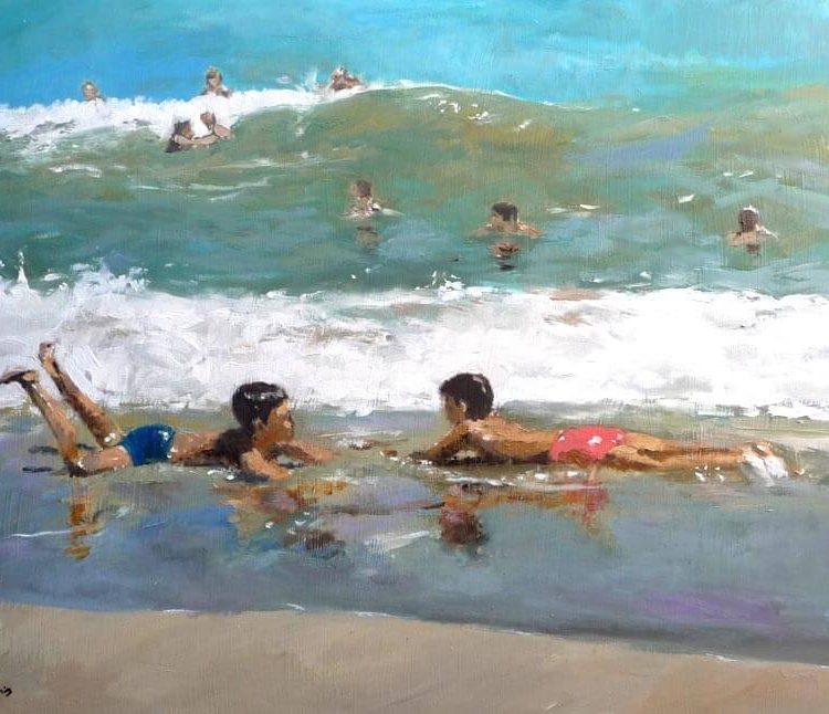 Niños en la orilla del mar, oleo sobre lienzo.