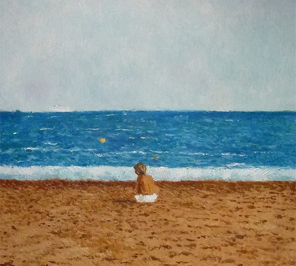 Cuadro de un niño en una playa sentado
