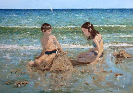 Cuadro al oleo de unos niños jugando en una playa