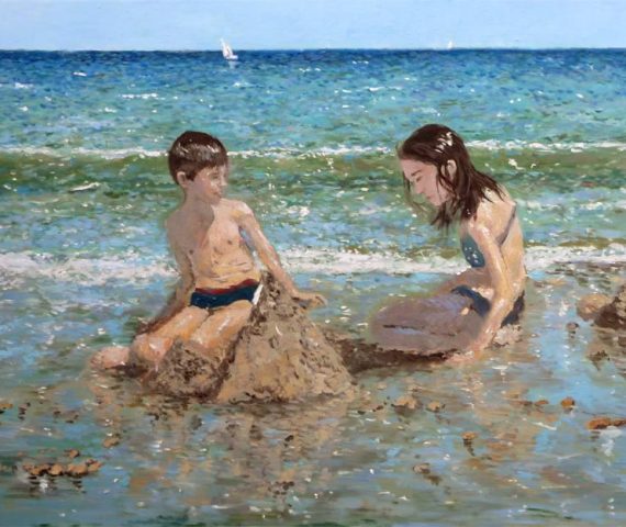 Cuadro al oleo de dos niños jugando en la playa