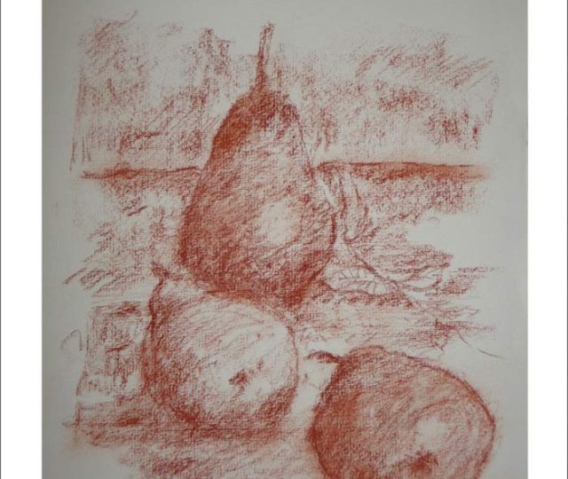 Dibujo a sanguina de un bodegón con peras dibujado por Rubén de Luis