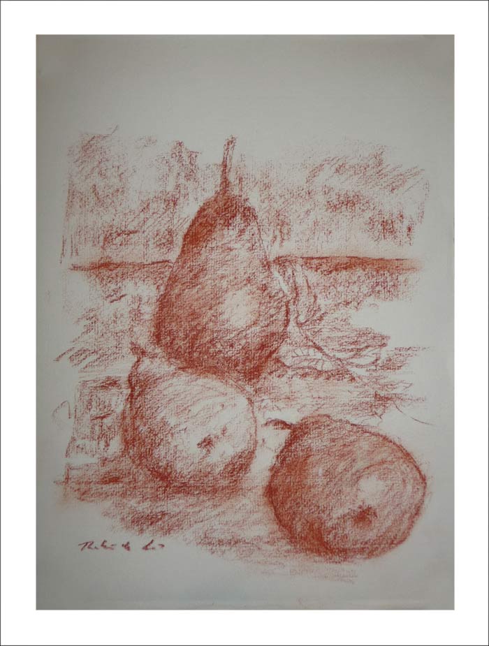 Dibujo a sanguina de un bodegón con peras dibujado por Rubén de Luis