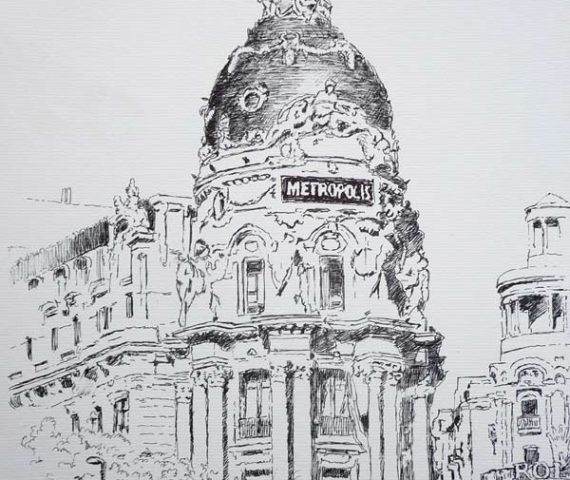 Dibujo del edificio de Metrópolis en Madrid realizado a tinta por Rubén de Luis