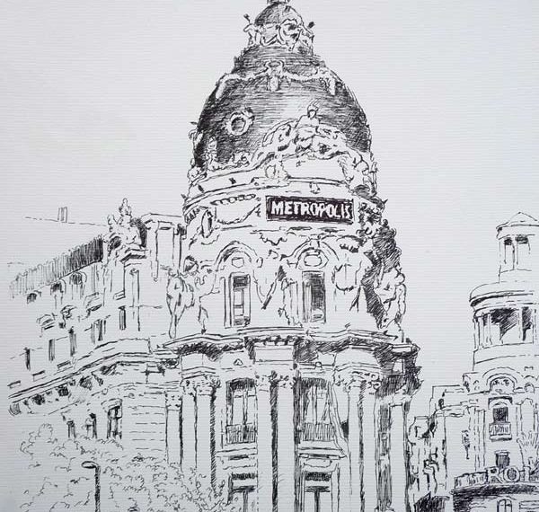 Dibujo del edificio de Metrópolis en Madrid realizado a tinta por Rubén de Luis