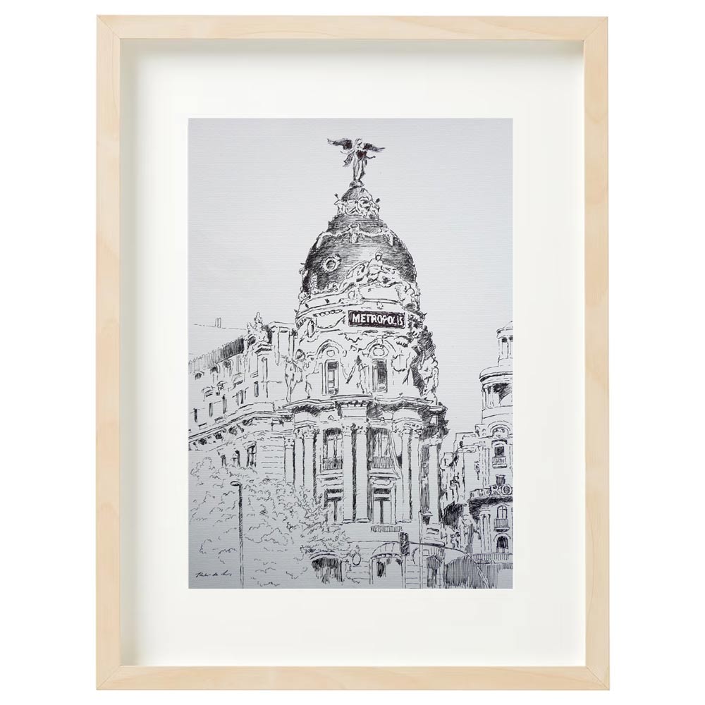 Cuadro de un dibujo a tinta del edificio Metrópolis de Madrid Cuadro del edificio de Metrópolis de Madrid realizado a tinta.