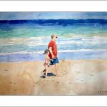 Marina en acuarela de dos figuras en la playa