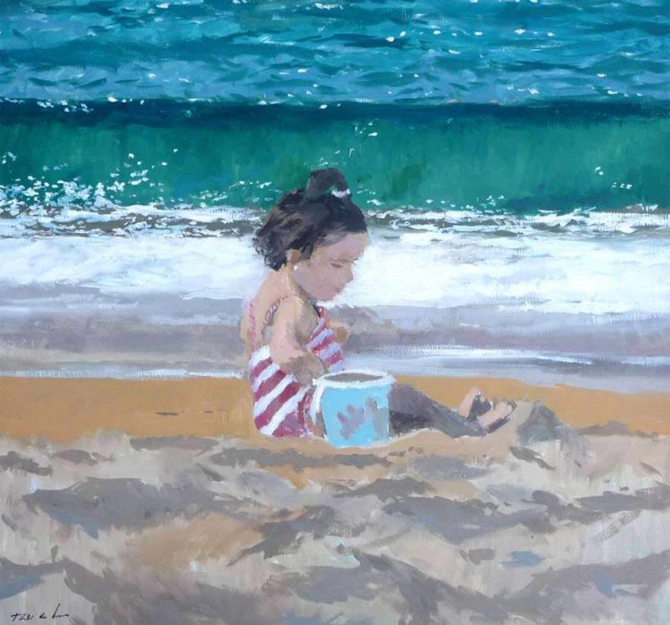 Cuadro al óleo de una niña en la playa