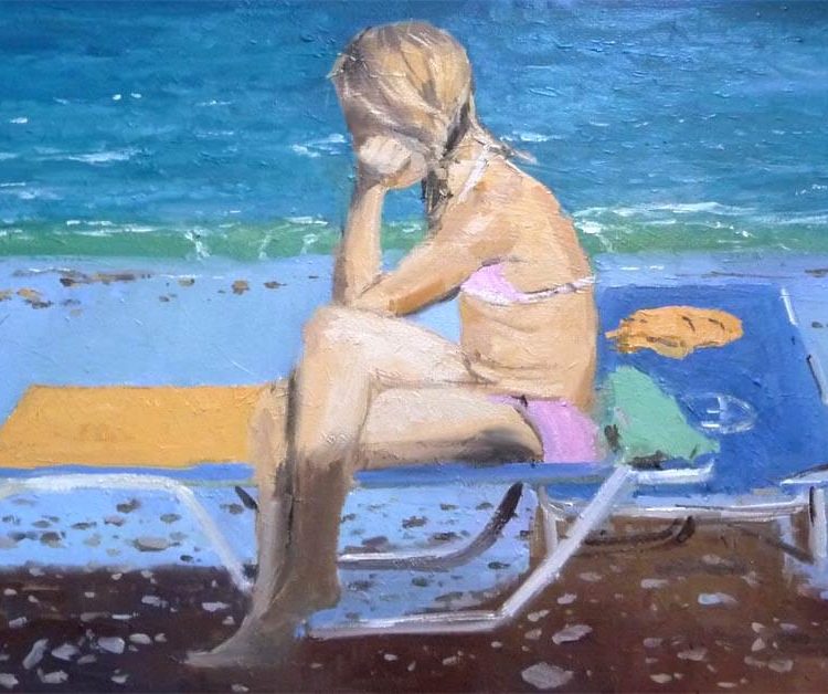 nina-playa-oleo Cuadro al óleo de una niña enfadada en una playa