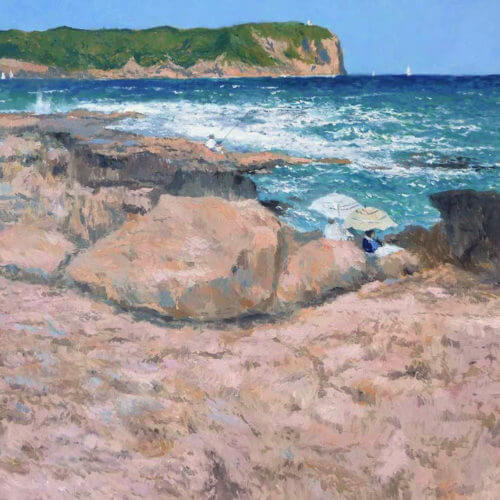 Cuadro al oleo de Jávea cuadro de unas personas en las rocas de Jávea