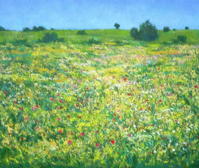 Cuadro de un paisaje de flores agitado por el viento