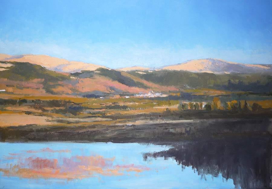 Paisaje al óleo de un atarceder en La Granja, Segovia.