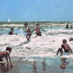 Cuadro al óleo de unos niños en la playa jugando