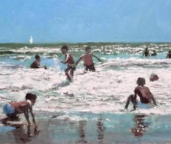 Cuadro al óleo de unos niños en la playa jugando