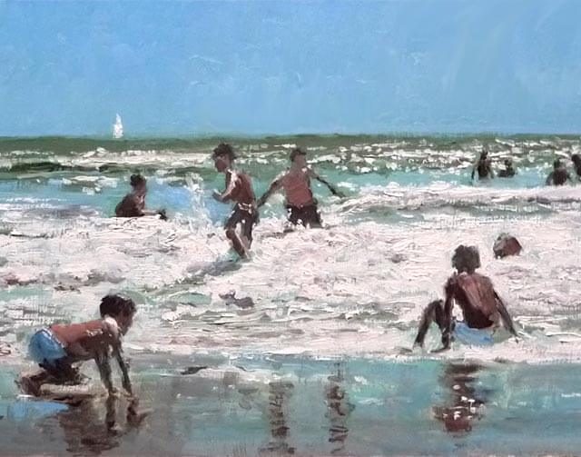 Cuadro al óleo de unos niños en la playa jugando