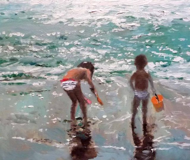 Cuadro al oleo de unos niños en la orilla del mar