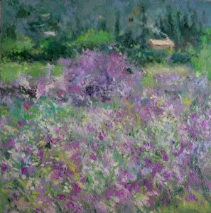 Oleo de un paisaje de flores violetas