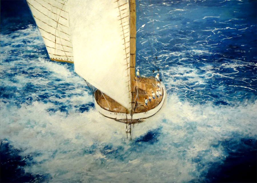 Cuadro al oleo de un velero en una regata en alta mar